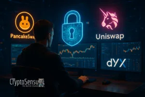Pessoa analisando riscos de exchange descentralizada em 2025
