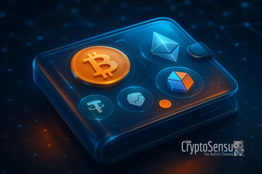 Carteira cripto digital futurista com Bitcoin, Ethereum, stablecoins e tokens