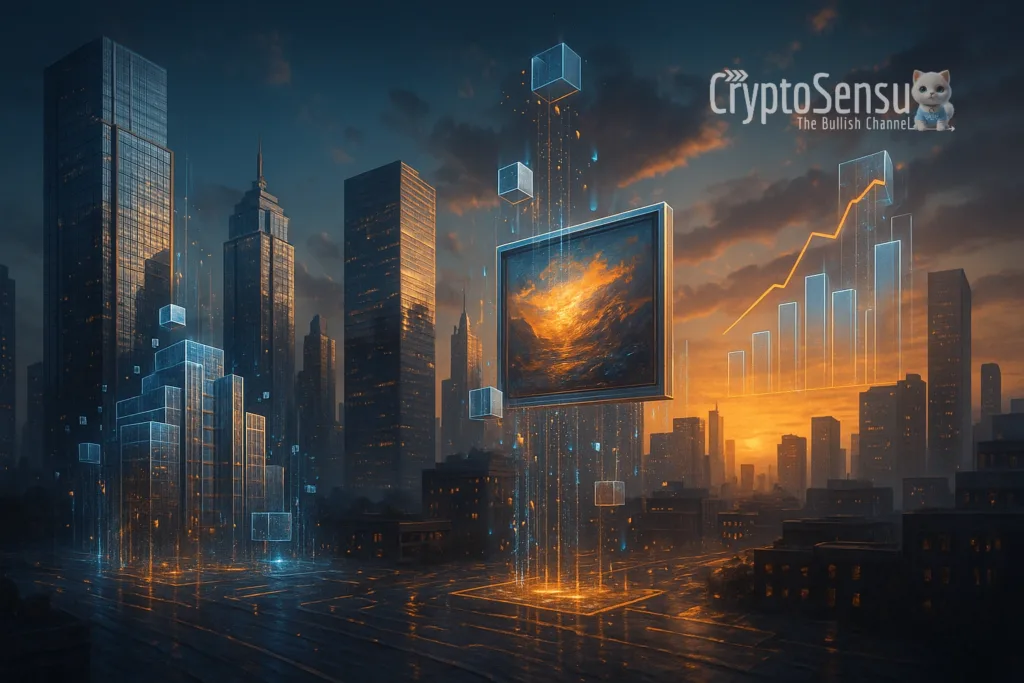 Cidade futurista com tokenização de ativos em blockchain, como imóveis, arte e ações