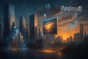 Cidade futurista com tokenização de ativos em blockchain, como imóveis, arte e ações