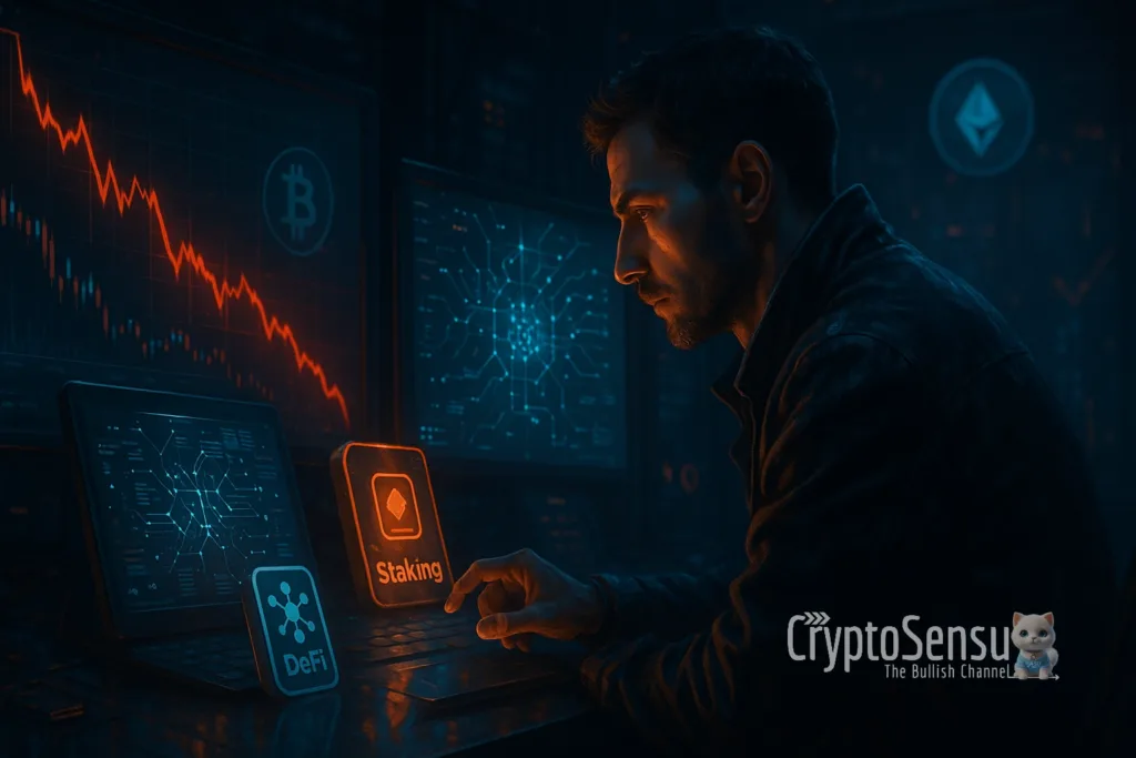 Investidor cripto analisando dados on-chain durante bear market com gráficos em queda