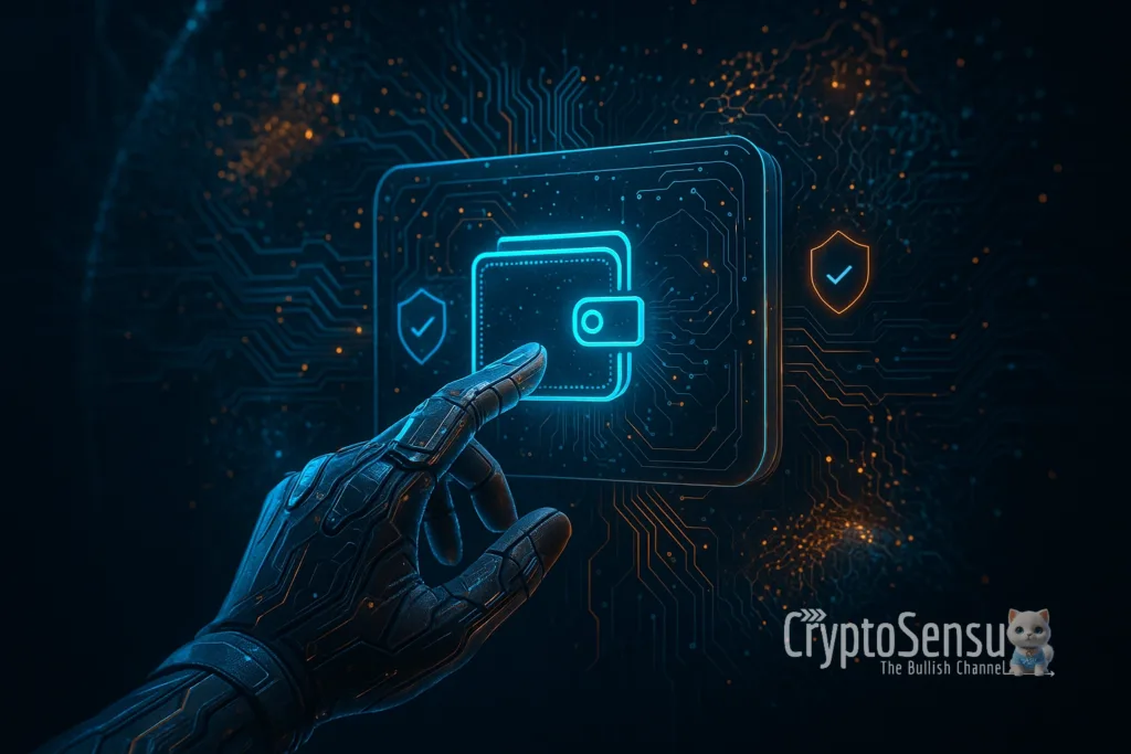 Mão tecnológica interagindo com carteira cripto holográfica via IA - Carteiras Cripto