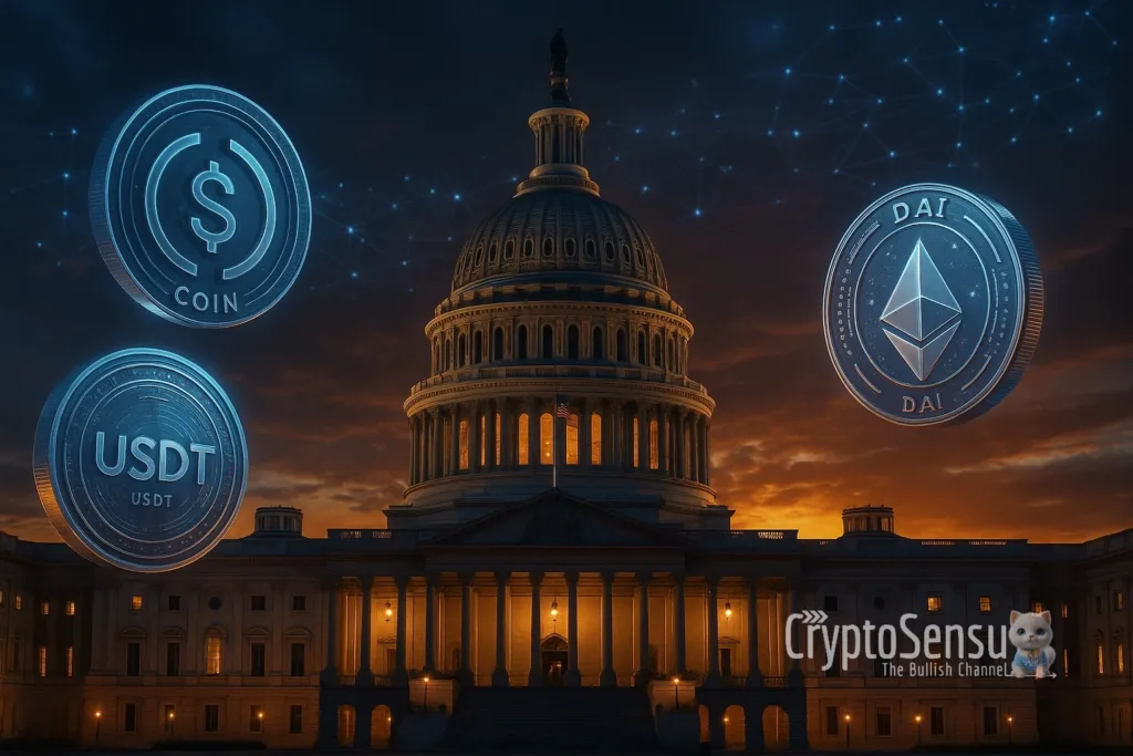 Capitólio dos EUA com hologramas de stablecoins e rede blockchain ao fundo - GENIUS Act