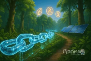 blockchain verde atravessando floresta com painéis solares e ícones ESG