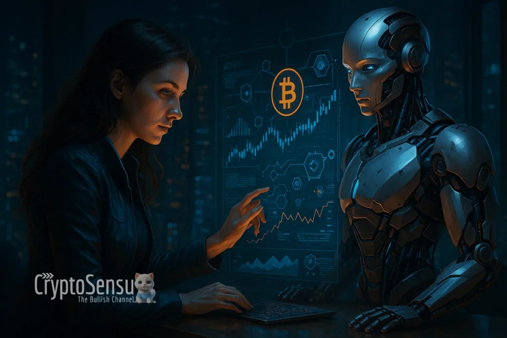 Mulher e robô analisando dados de criptomoedas com IA