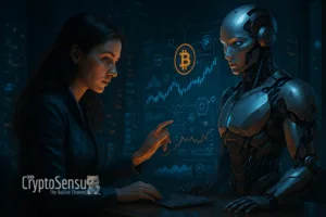 Mulher e robô analisando dados de criptomoedas com IA