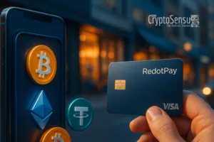 Carteira cripto com cartão RedotPay sendo usado em ambiente urbano
