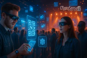 Pessoas usando óculos de realidade aumentada interagem com NFTs em evento futurista com tecnologia blockchain