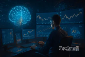 Trader observa gráficos de criptomoedas com inteligência artificial em tempo real