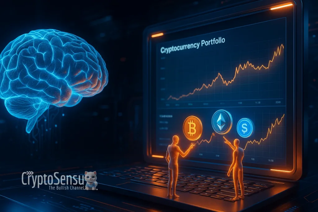 Inteligência artificial gerenciando portfólio cripto em painel digital - portfólios cripto