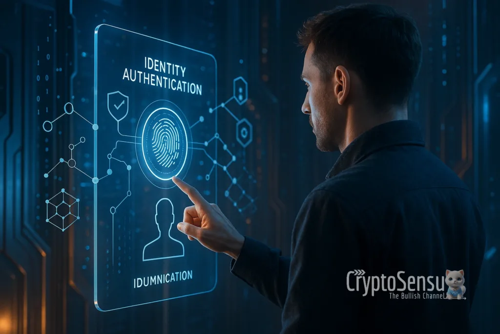 Homem interagindo com terminal holográfico de identidade digital baseado em Web3 e blockchain