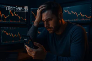 Investidor observando queda de criptomoedas com tensão emocional em ambiente escuro
