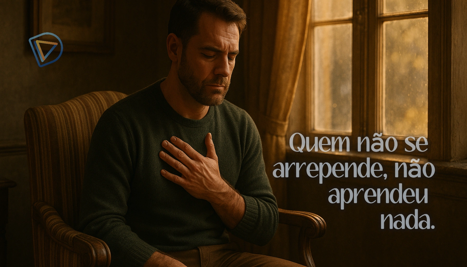 Homem introspectivo sentado à janela em momento de arrependimento espiritual