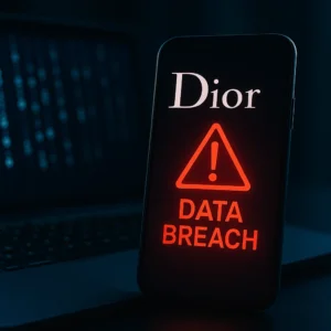 Alerta de violação de dados na grife Dior com fundo digital