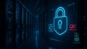 Data center de segurança cibernética com firewall e cadeado digital em tons de azul - CyberArk