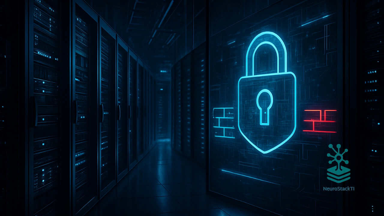 Data center de segurança cibernética com firewall e cadeado digital em tons de azul - CyberArk