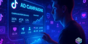 TikTok Ads em painel futurista com análise de dados