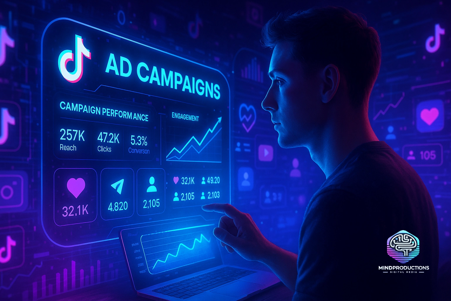 TikTok Ads em painel futurista com análise de dados