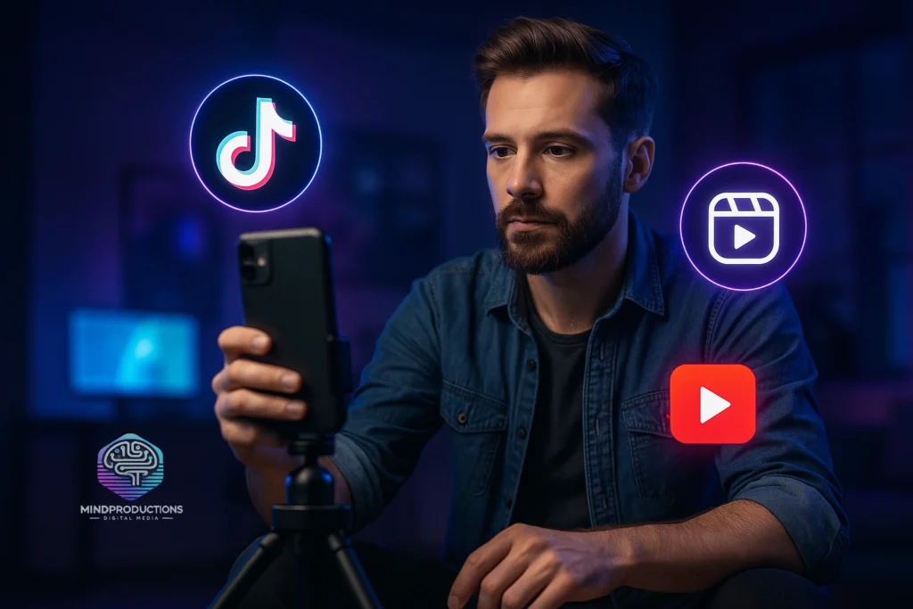 Criador de conteúdo gravando vídeos curtos com ícones de redes sociais em estúdio moderno