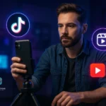 Criador de conteúdo gravando vídeos curtos com ícones de redes sociais em estúdio moderno