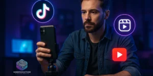 Criador de conteúdo gravando vídeos curtos com ícones de redes sociais em estúdio moderno