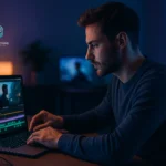 62. Como Criar Trilha Sonora Impactante para Vídeos Curtos nas Redes Sociais Criador ajustando trilha sonora de vídeo curto em estúdio com iluminação azul e púrpura