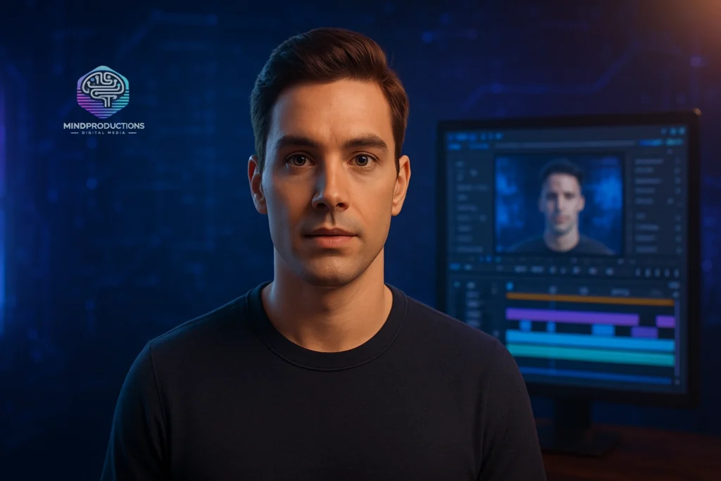 64. Como Criar Avatar Falante com Voz Realista para Seus Vídeos 1 Avatar falante realista em estúdio digital futurista com interface de edição