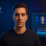 Avatar falante realista em estúdio digital futurista com interface de edição