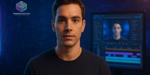 Avatar falante realista em estúdio digital futurista com interface de edição