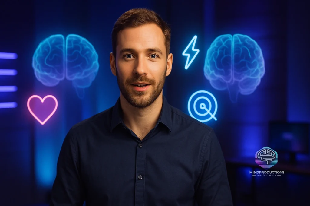 69. Neurocopy em Vídeo: Gatilhos Mentais que Aumentam a Retenção e Conversão 1 Apresentador em estúdio com ícones de gatilhos mentais e gráficos cerebrais - Neurocopy em vídeo
