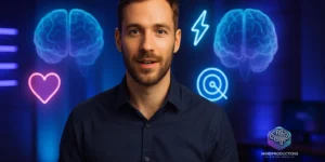 69. Neurocopy em Vídeo: Gatilhos Mentais que Aumentam a Retenção e Conversão 1 Apresentador em estúdio com ícones de gatilhos mentais e gráficos cerebrais - Neurocopy em vídeo