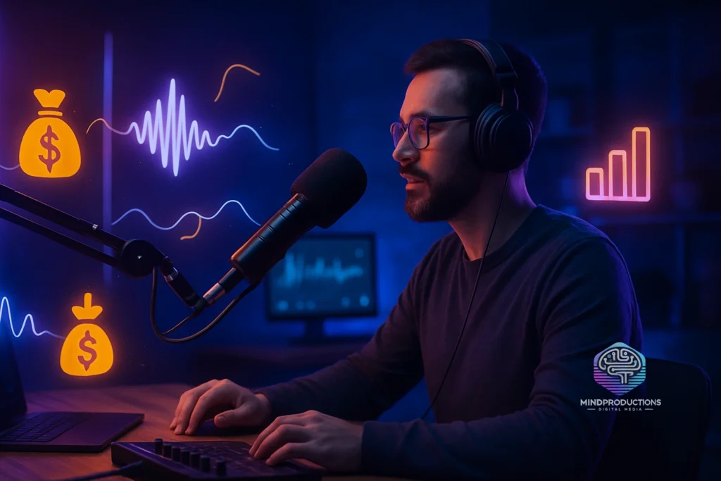 podcaster gravando em estúdio moderno com elementos digitais de monetização - podcasts de nicho