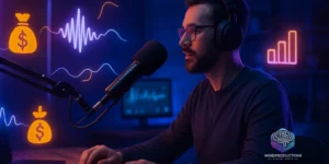 podcaster gravando em estúdio moderno com elementos digitais de monetização - podcasts de nicho
