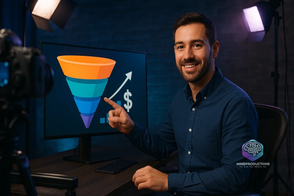 68. Funil em Vídeo para YouTube: Estratégia Visual para Aumentar Conversões 1 YouTuber explicando funil em vídeo no estúdio com iluminação azul e púrpura