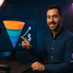 68. Funil em Vídeo para YouTube: Estratégia Visual para Aumentar Conversões YouTuber explicando funil em vídeo no estúdio com iluminação azul e púrpura