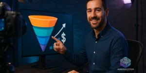 YouTuber explicando funil em vídeo no estúdio com iluminação azul e púrpura