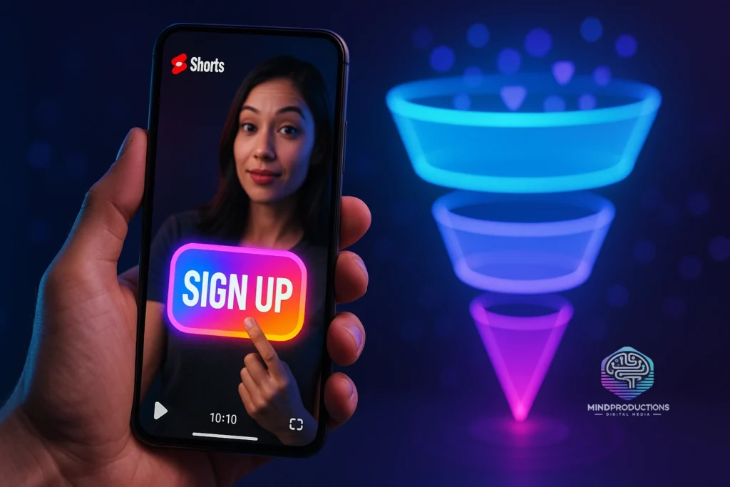 Mão segurando smartphone com YouTube Shorts com funil digital ao fundo