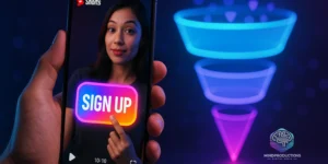 Mão segurando smartphone com YouTube Shorts com funil digital ao fundo